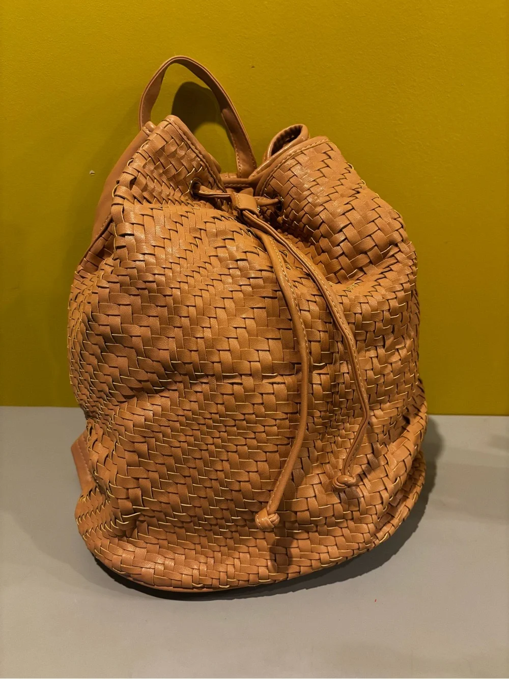 Woven Drawstring Bucket Bag in Tan